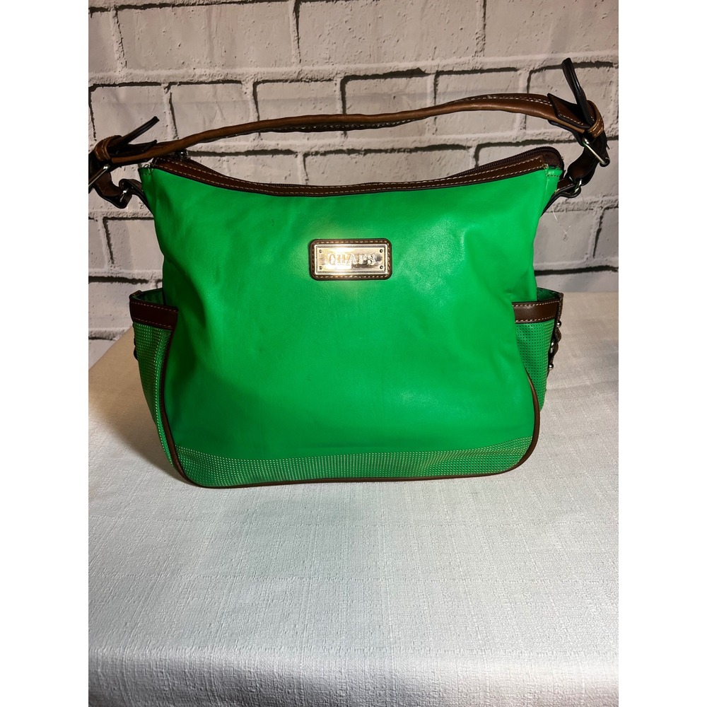 Chaps Green Hobo Shoulder Bag Brown Trim Faux Leather Zip Top Pocket Daily Purse